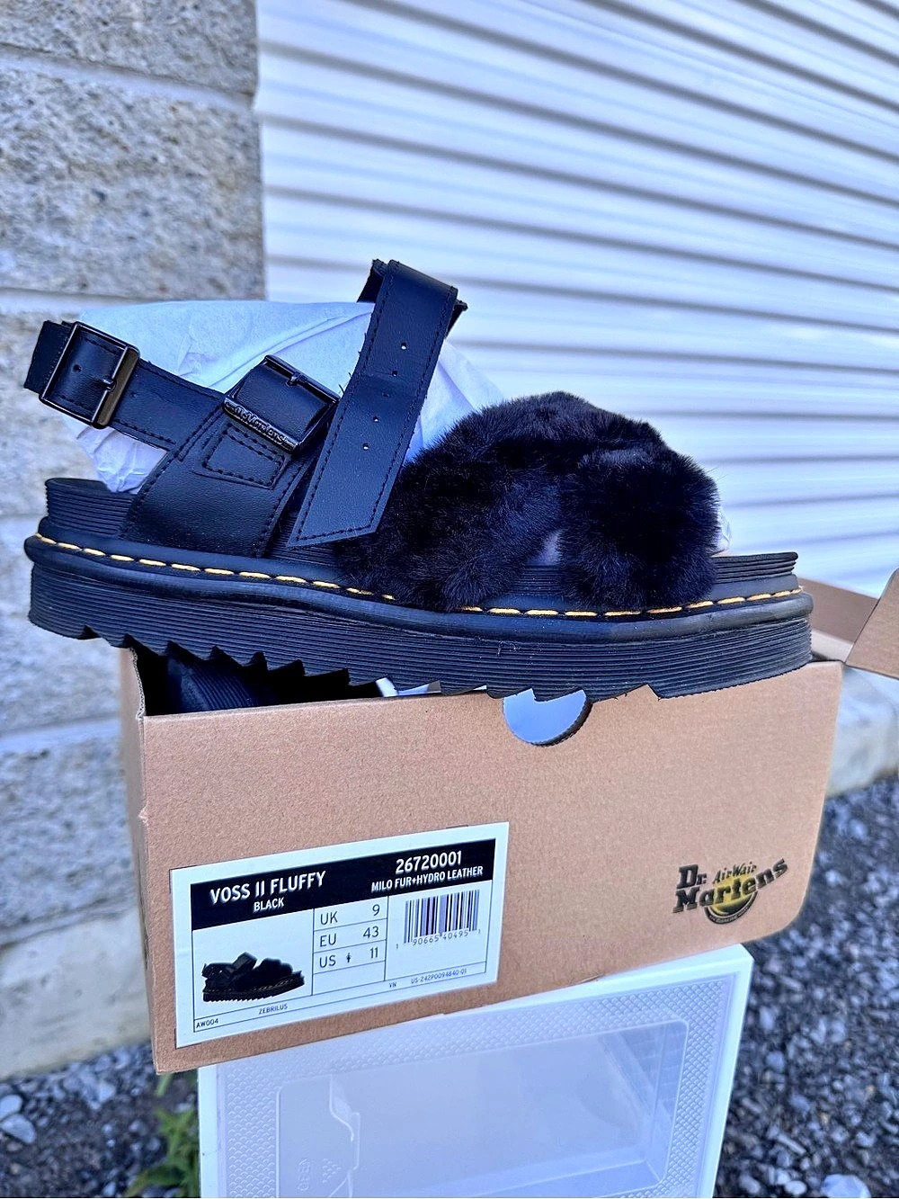 Dr. Martens Voss II Fluffy Faux Fur Leather Strap Sandals Black Sandals US 11